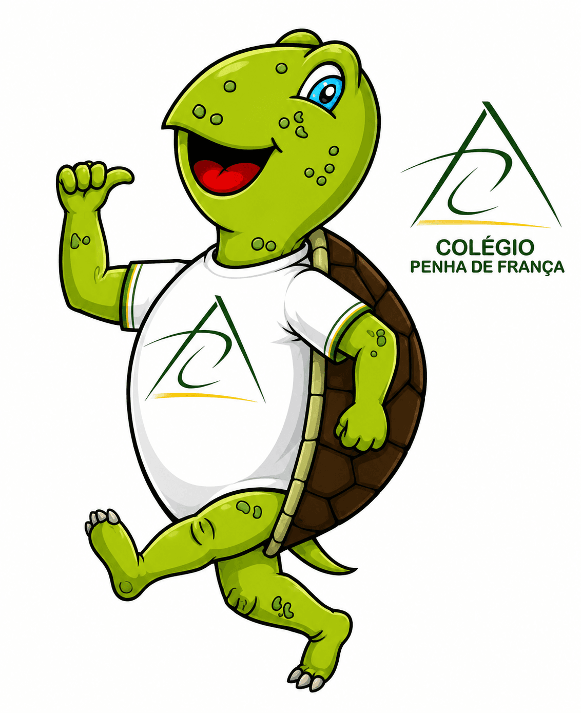 Filó, a mascote do Colégio Penha de França, uma tartaruga sorridente vestindo a camiseta do uniforme