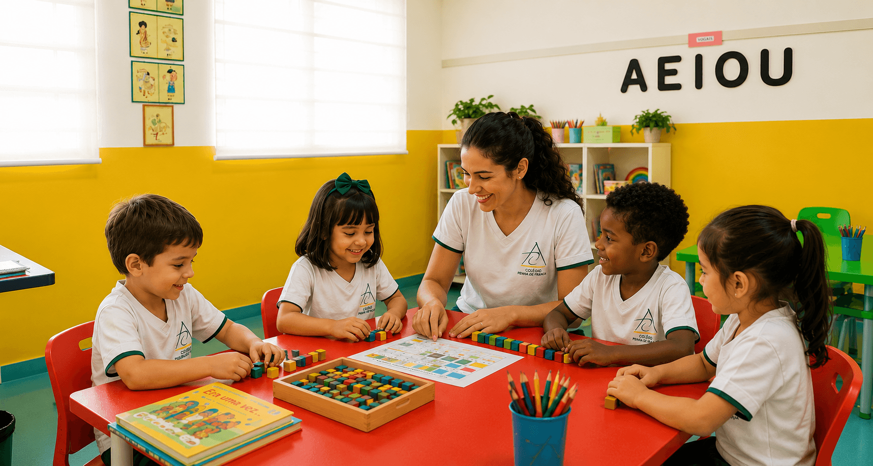 Professora e alunos do Colégio Penha de França em atividade pedagógica interativa